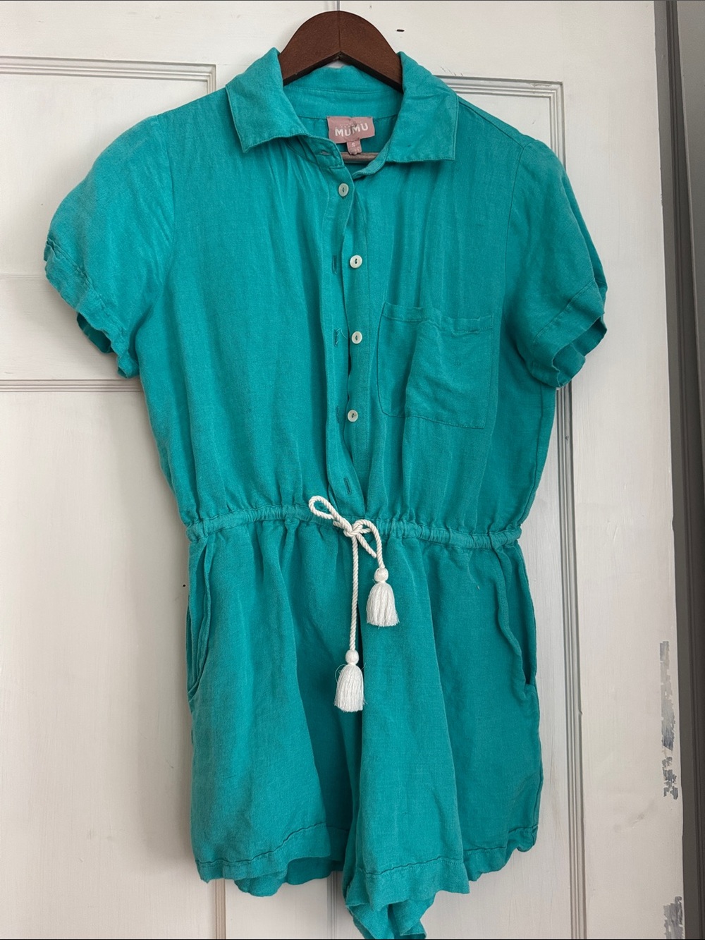 Show Me Your MuMu Teal Short-Sleeve Drawstring Romper